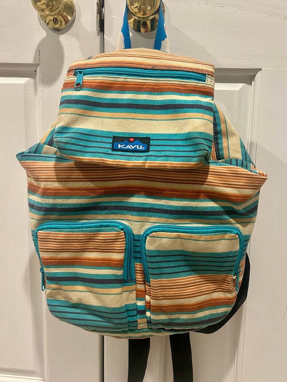 Kavu Striped Canvas Backpack in Teal, Tan and Orange